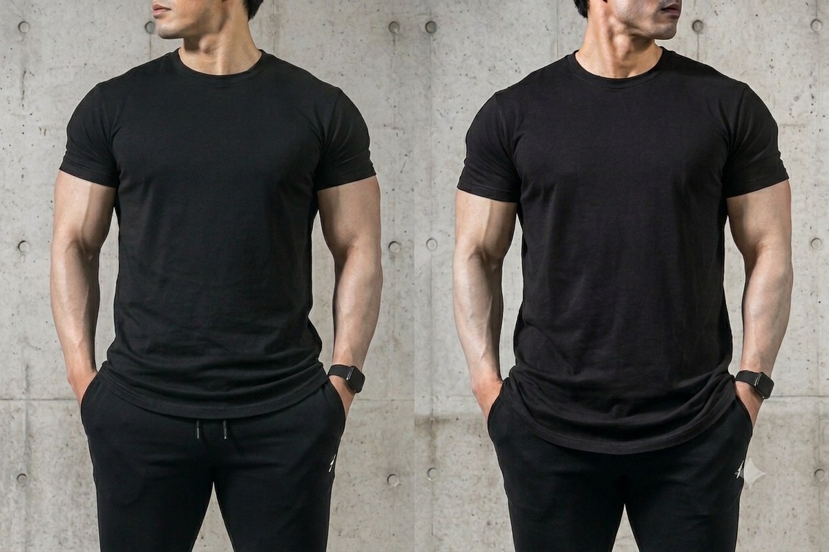 短丈Tシャツと長丈Tシャツを着た同一体型の比較。着丈の違いで全身シルエットが変わる