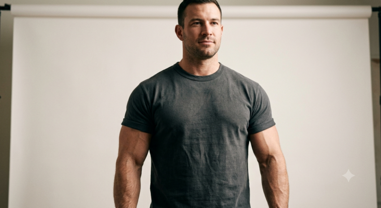 ハリのある生地の黒いTシャツを着た男性