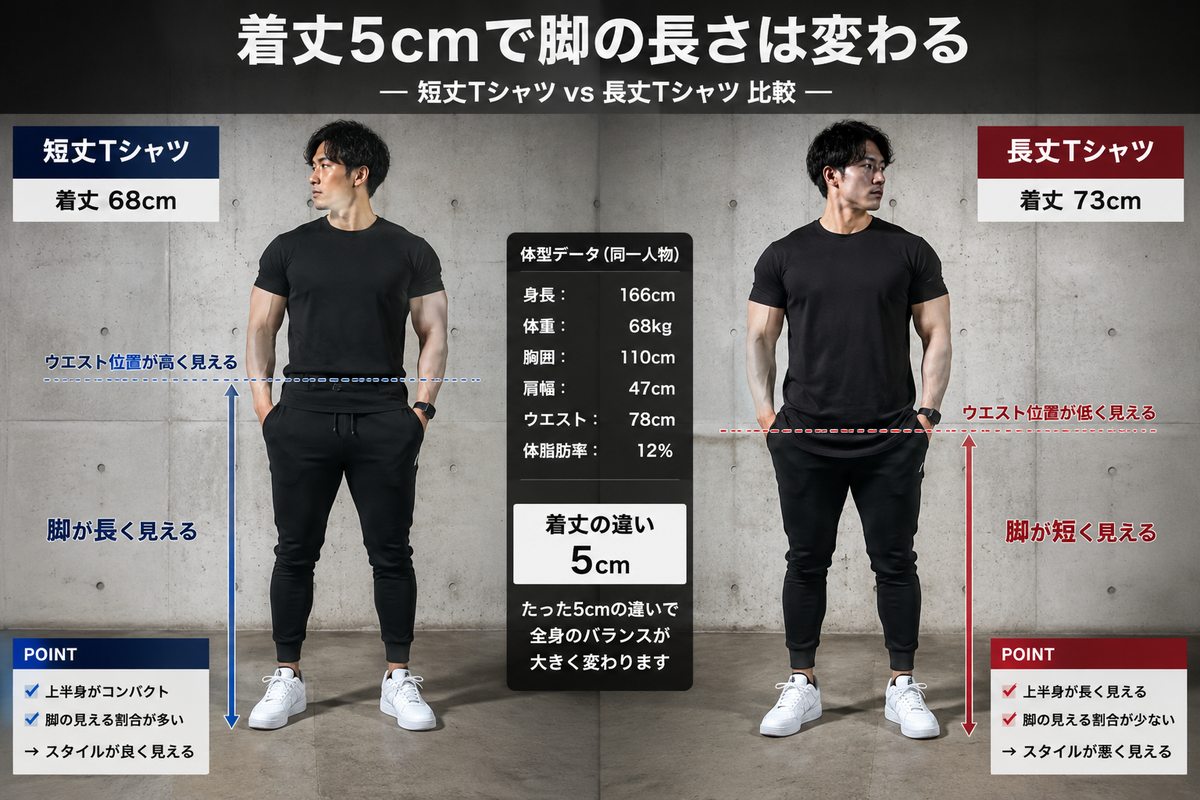 同一人物・同一ポーズで着丈68cmと73cmを着比べた全身比較。5cmの差でウエスト位置と脚の見える割合が変わる
