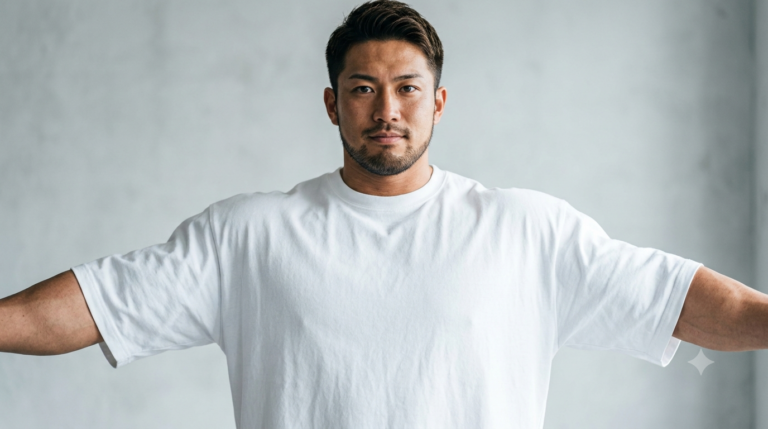 白いTシャツを着て両腕を横に広げる男性