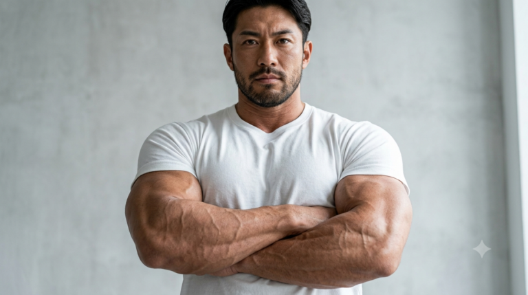 白いTシャツで腕を組む筋肉質な男性