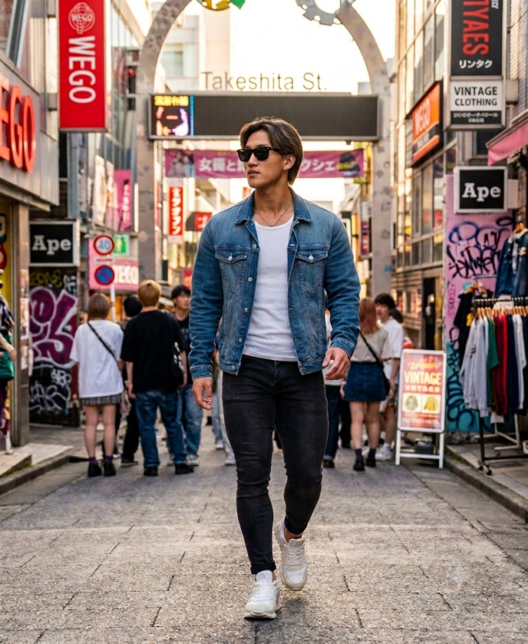 街中を歩くクリーンフィットのコーディネートの男性