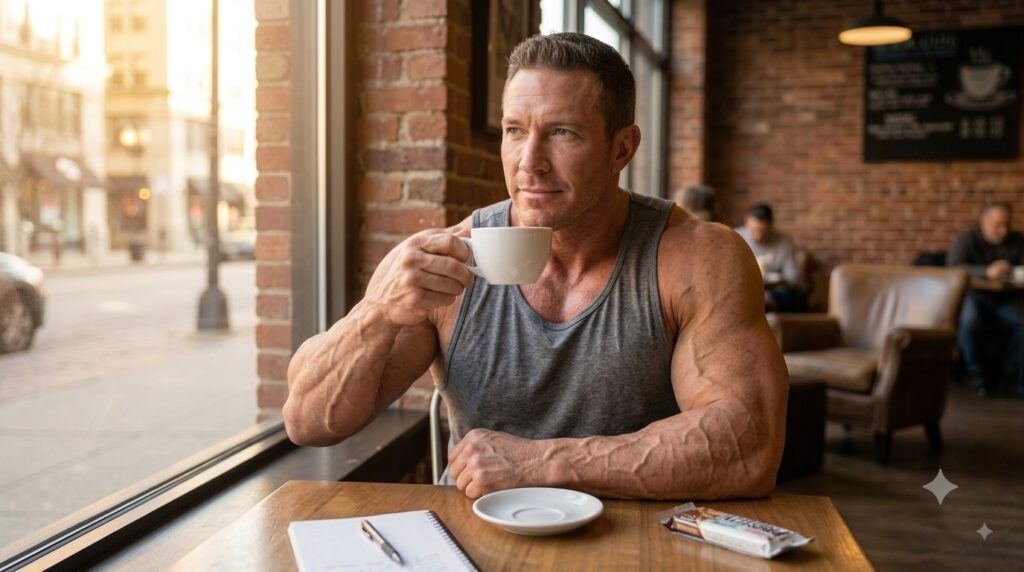 朝のカフェでコーヒーを飲みながら過ごす男性