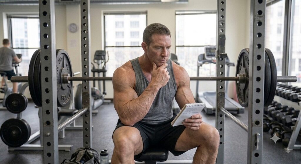 ジムでトレーニングノートを確認しながら休憩する男性