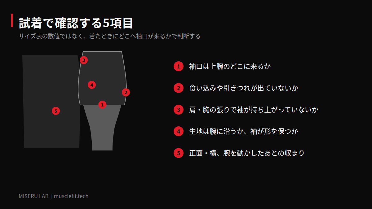 半袖Tシャツの試着時に確認する5つのポイントを示した図