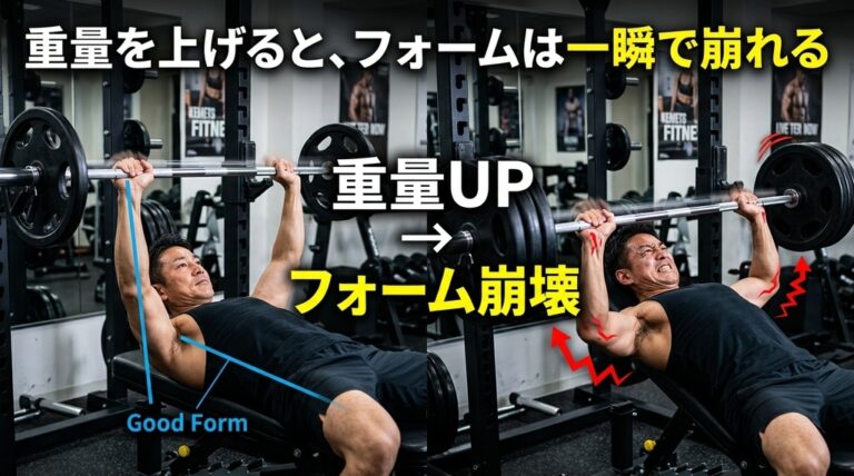 重量を上げるとベンチプレスのフォームが崩れることを示した比較図