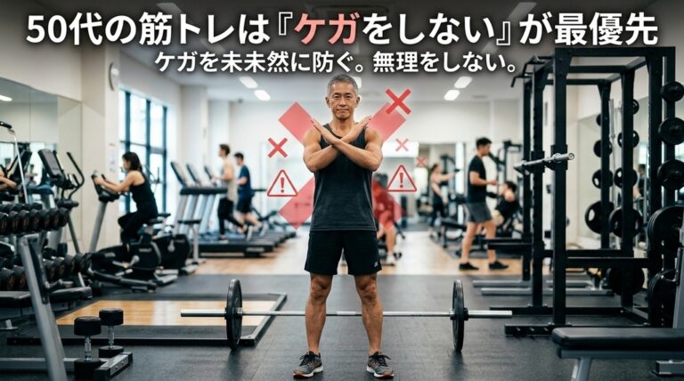 ジムで両腕を交差させ、50代の筋トレはケガをしないことが最優先だと示す図解