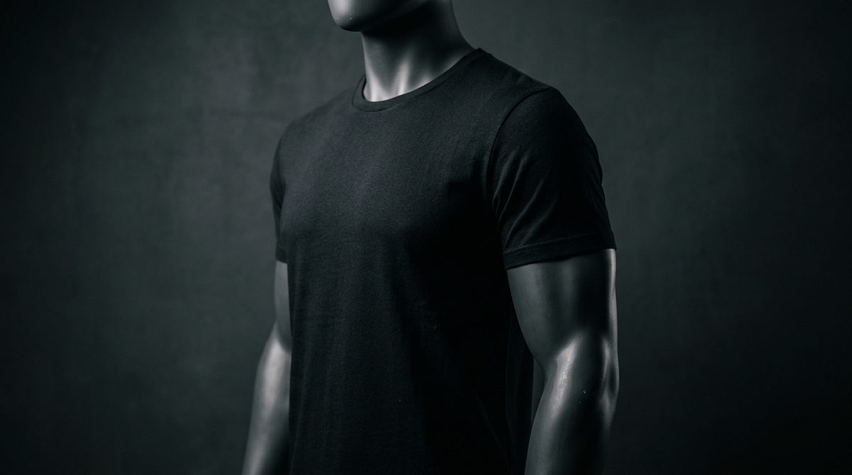 無地の黒い半袖Tシャツを着たトルソーを正面から撮影した着用例