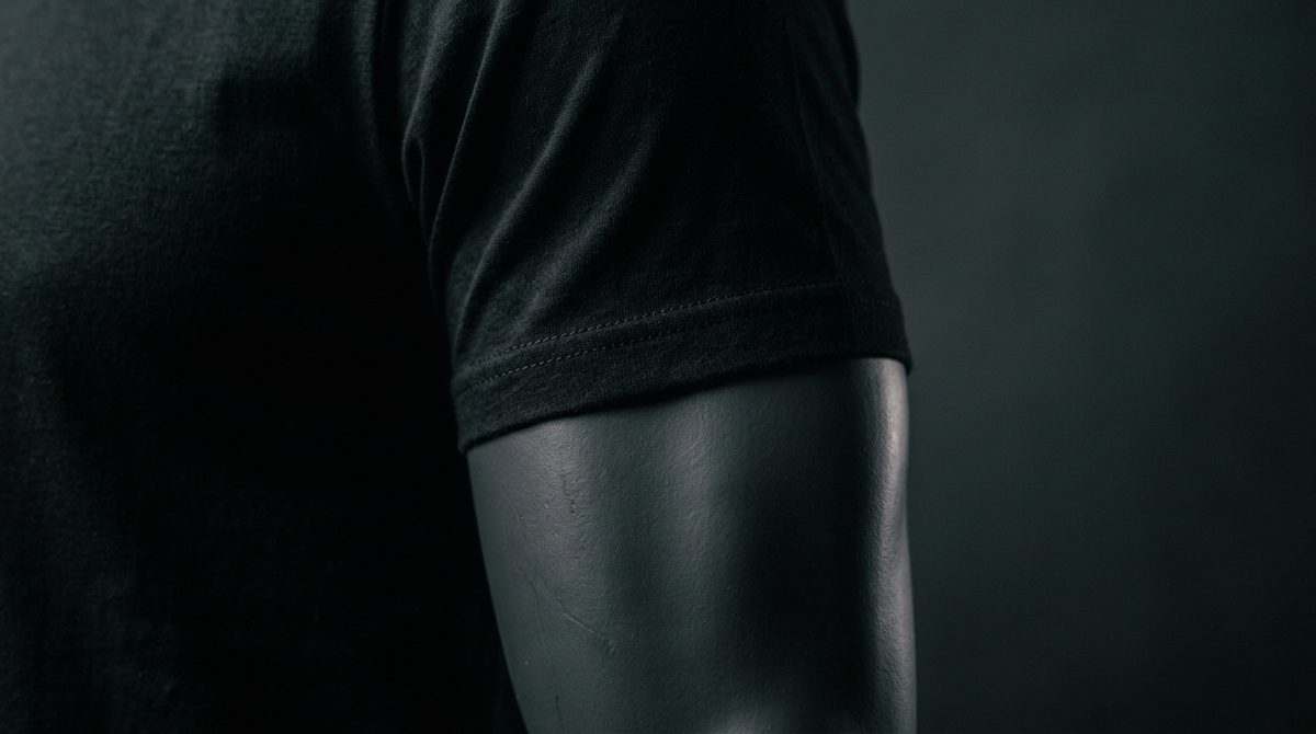 半袖Tシャツの袖口と上腕の位置関係が分かるクローズアップ